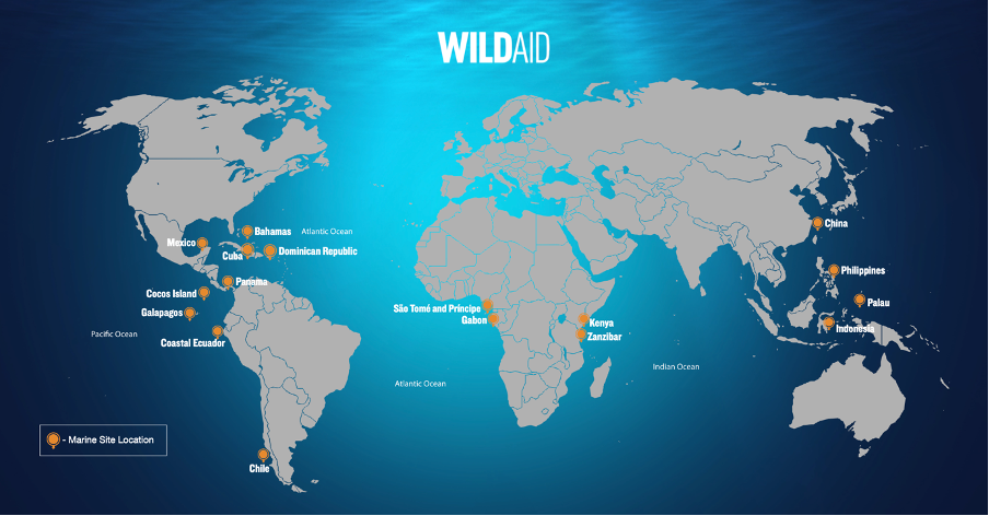 Global map showing the location of WildAid supported marine sites